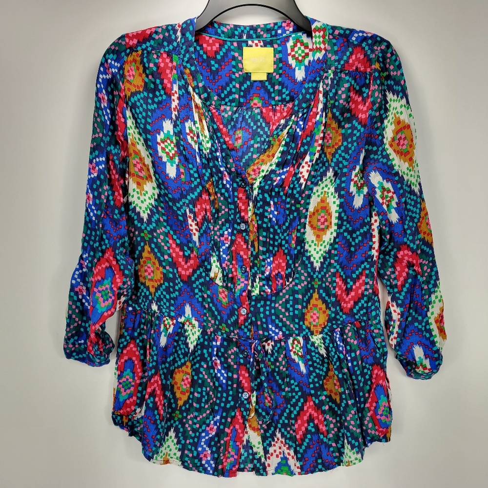 Maeve Anthropologie Southwestern Aztec Navajo Boho 3/4 Rolled Sleeve Top Women 0